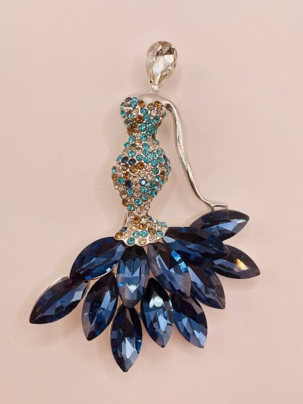 New Crystal Mermaid Brooch Pin Blue & Clear Rhinestones Silver-Tone -48B